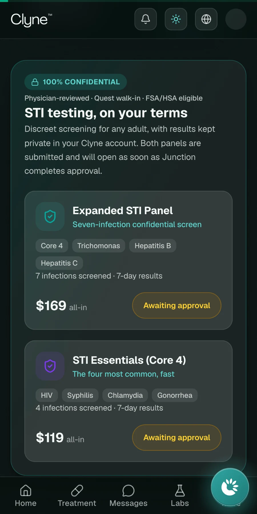 Clyne lab ordering screen showing confidential panels with pricing and approval status