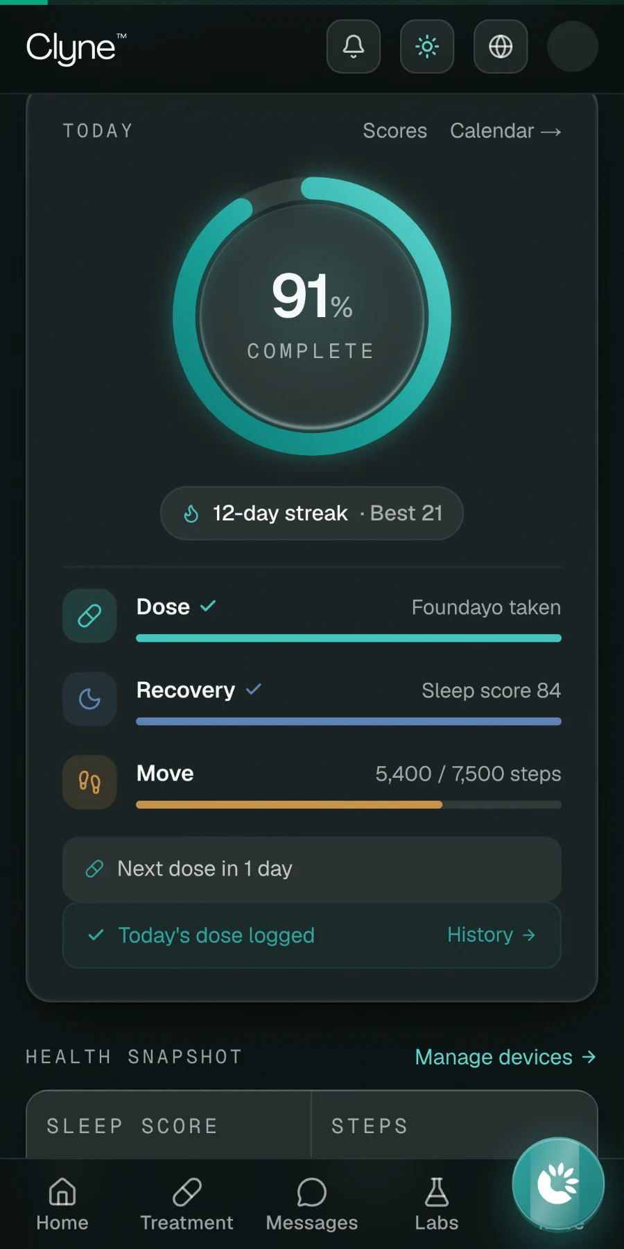 Clyne dashboard showing dose, recovery, and movement rings with a 12-day streak