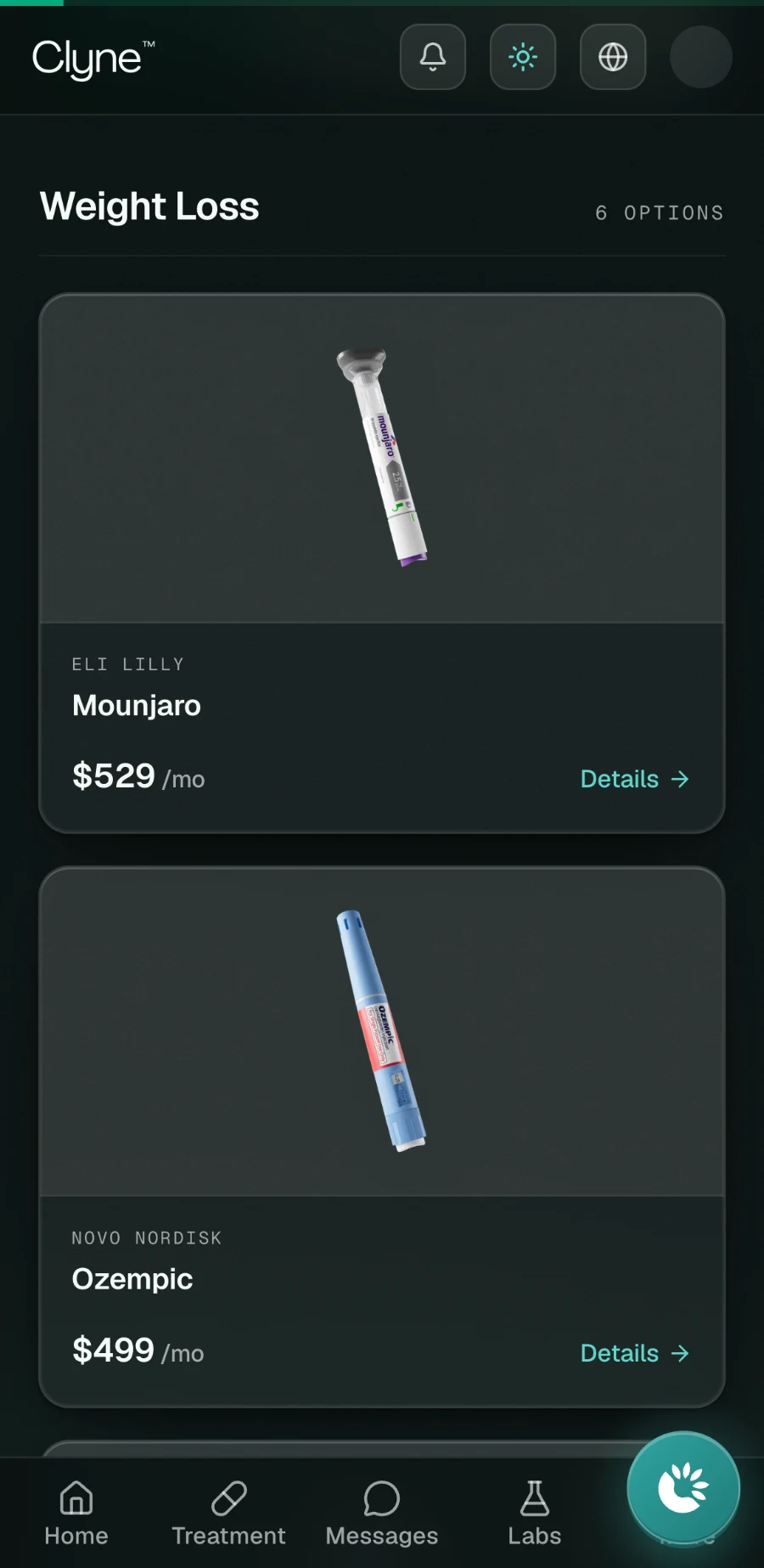 Clyne treatment catalog showing GLP-1 options with monthly pricing